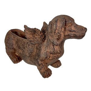 Flying Wiener Dog Planter 18" Brown, With Drain Hole, Rustic Garden Decor